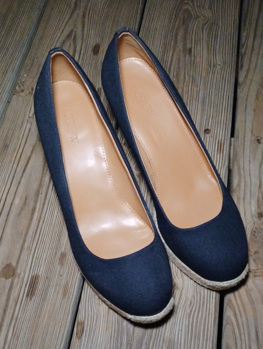 J Crew Seville Canvas Wedge Espadrille Pump Blue Cream Slip On Beach Coast 8